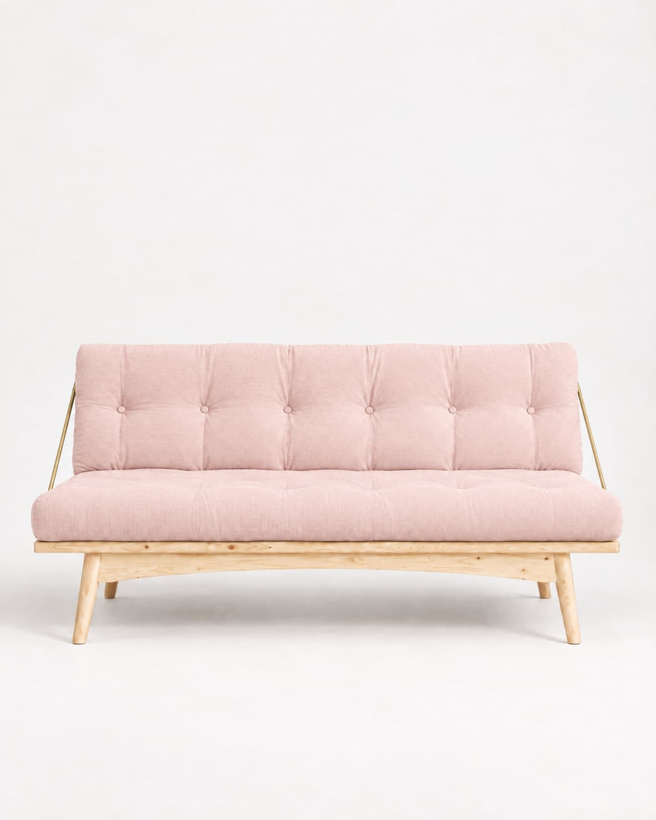 Futon Folk en modo sofá con funda Rosa: base de pino claro sobre patas y varillas color latón