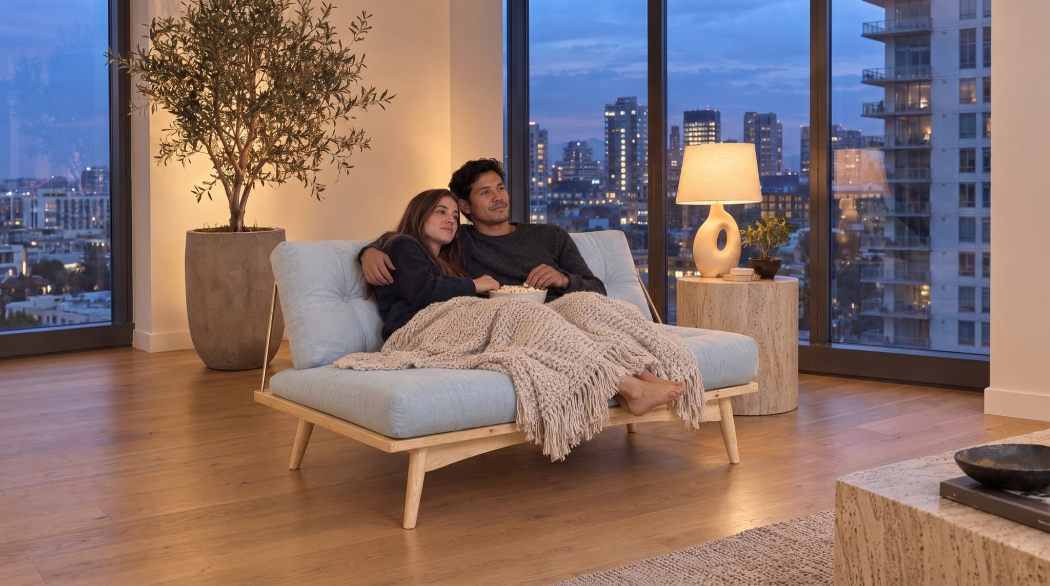 Pareja abrazada viendo una película en un Futon Folk color Cielo, en un departamento de Polanco al anochecer