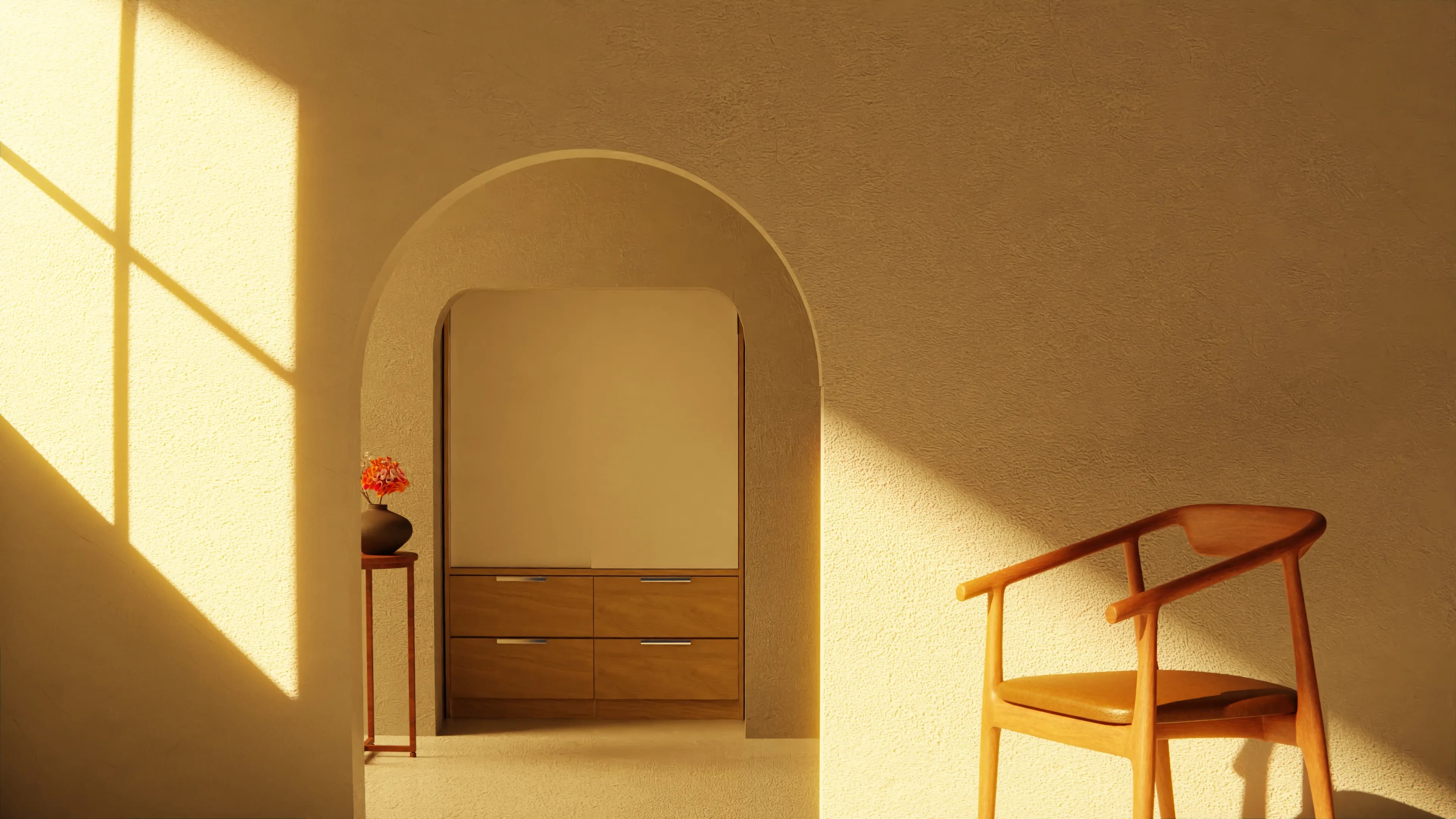 Sala minimalista con sofá claro, mesa de centro de madera y luz natural entrando por la ventana