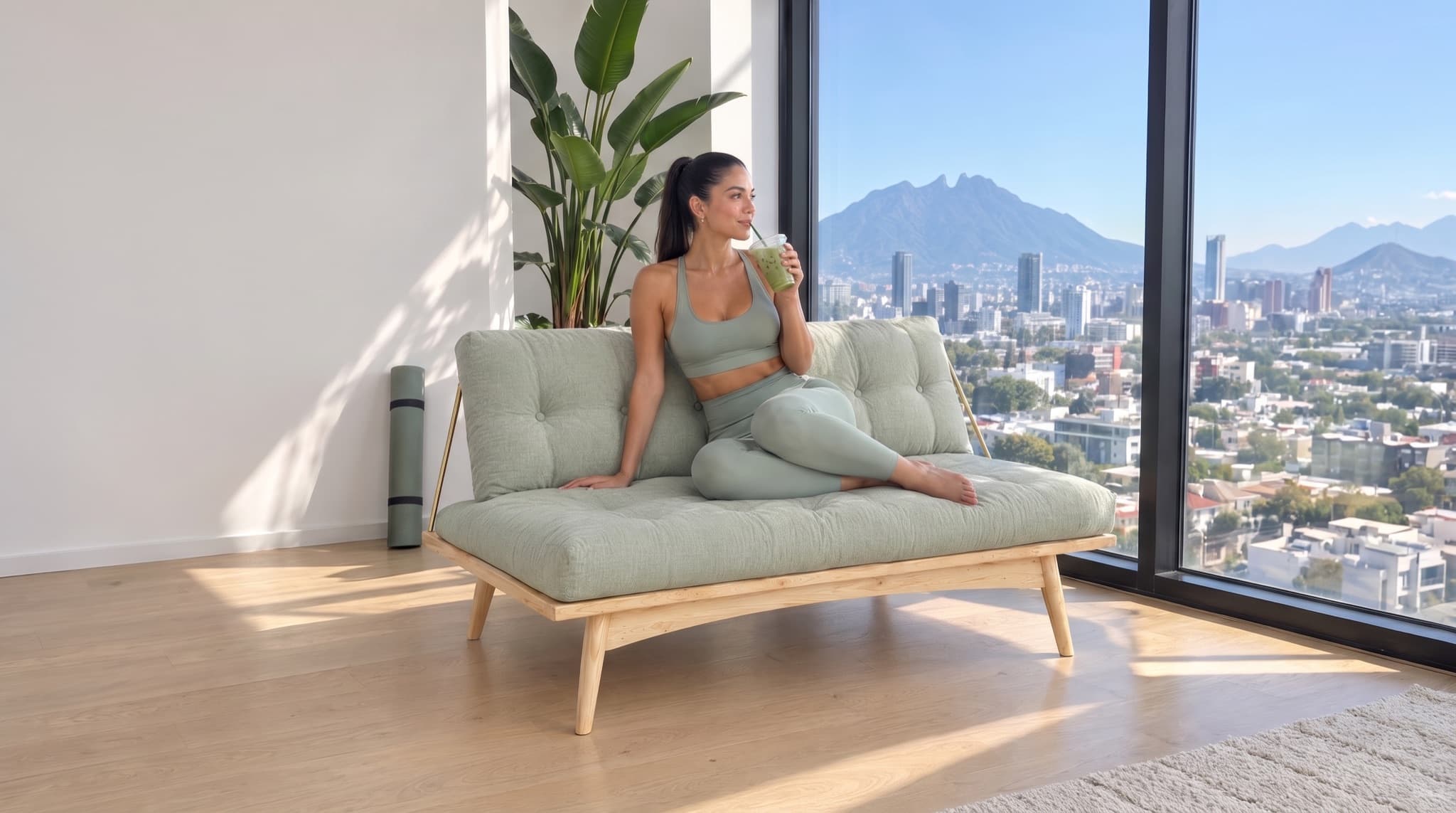 Mujer con matcha descansa en un Futon Folk color Salvia en un departamento minimalista de San Pedro, con el Cerro de la Silla al fondo