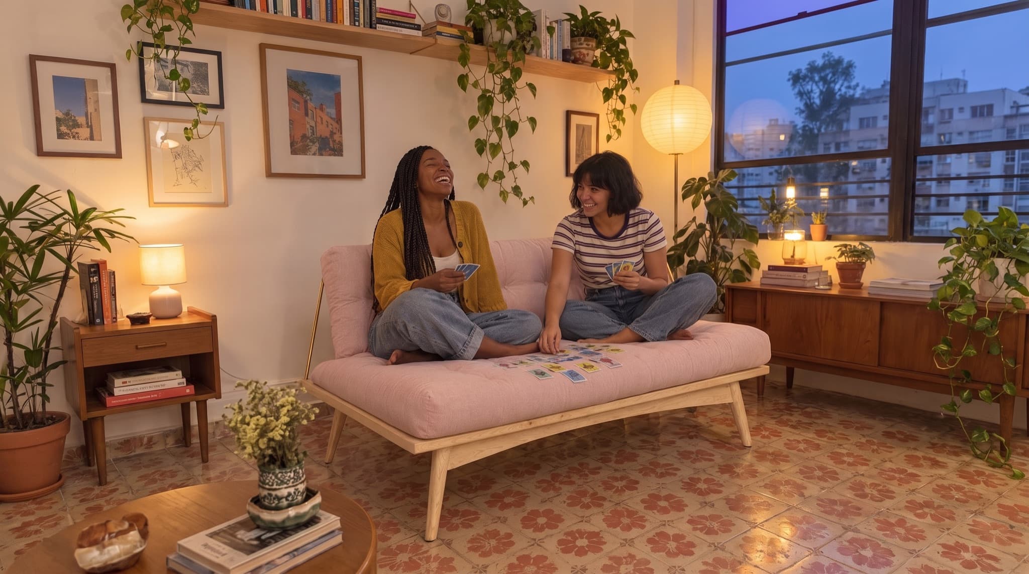Dos roomies juegan lotería sobre un Futon Folk color Rosa en un departamento de la Narvarte con piso de pasta y lámpara de papel
