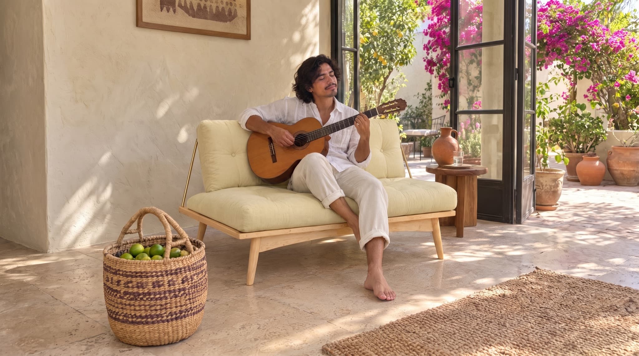 Hombre toca la guitarra sentado en un Futon Folk color Mantequilla, en una casa de la colonia Providencia en Guadalajara